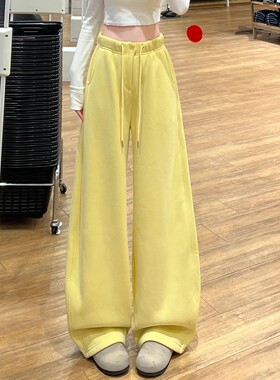 黄色纽扣加绒休闲弯刀裤女2026春季新款保暖高腰显瘦慵懒风阔腿裤