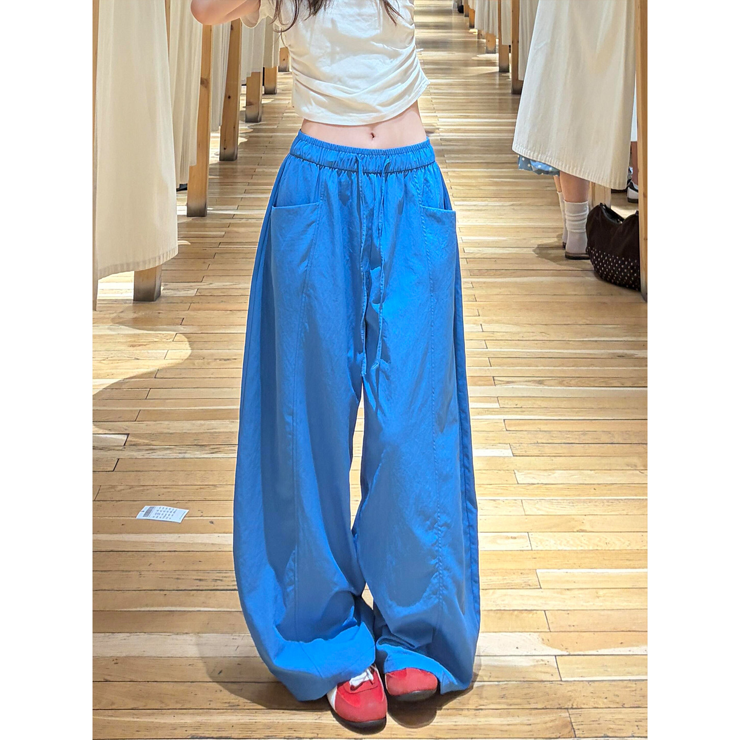 宝蓝色韩系冰丝阔腿裤女2026秋季新款高腰显瘦抽绳松弛感休闲裤子