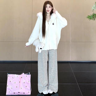 黑白条纹阔腿裤女秋冬2025新款高腰显瘦垂感慵懒风休闲加绒毛巾裤