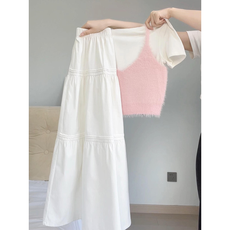 温柔风白色拼接蛋糕半身裙女2025春夏气质大摆伞裙纯色a字长裙子