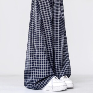 藏青色格子裤女夏季2025新款高腰显瘦长裤直筒垂感拖地慵懒阔腿裤