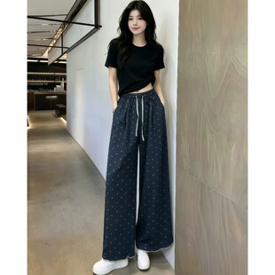 藏青色波点花边阔腿裤女夏季2026新款高腰宽松显瘦圆点慵懒休闲裤