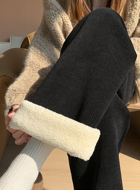 羊羔绒阔腿裤女加绒加厚外穿保暖裤东北灯芯绒裤子女黑色加长直筒