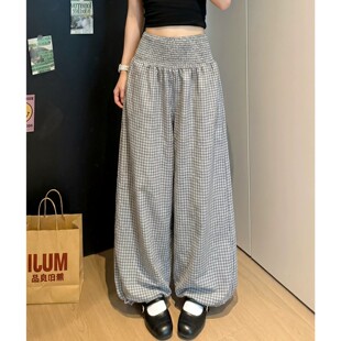 慵懒风灰白撞色格子裤女夏季新款高腰宽松束脚裤显瘦灯笼裤休闲裤