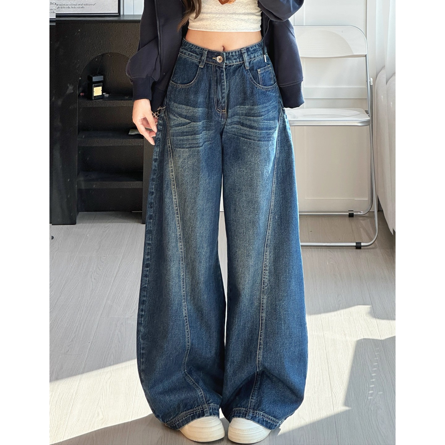 美式复古高腰阔腿弯刀牛仔裤女秋冬2025年新款宽松显瘦垂感直筒裤