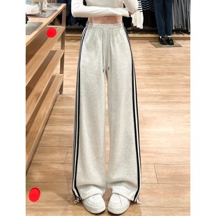 高腰宽松显瘦直筒裤 2026年新款 子 女春季 白灰色侧边三杠休闲运动裤