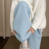 蓝色针织阔腿裤 子加长休闲裤 女2025年秋冬毛绒绒糯米裤 加绒直筒裤