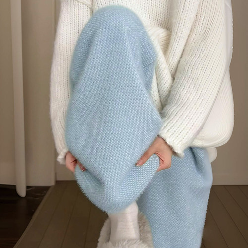 蓝色针织阔腿裤女糯米裤水貂绒冬