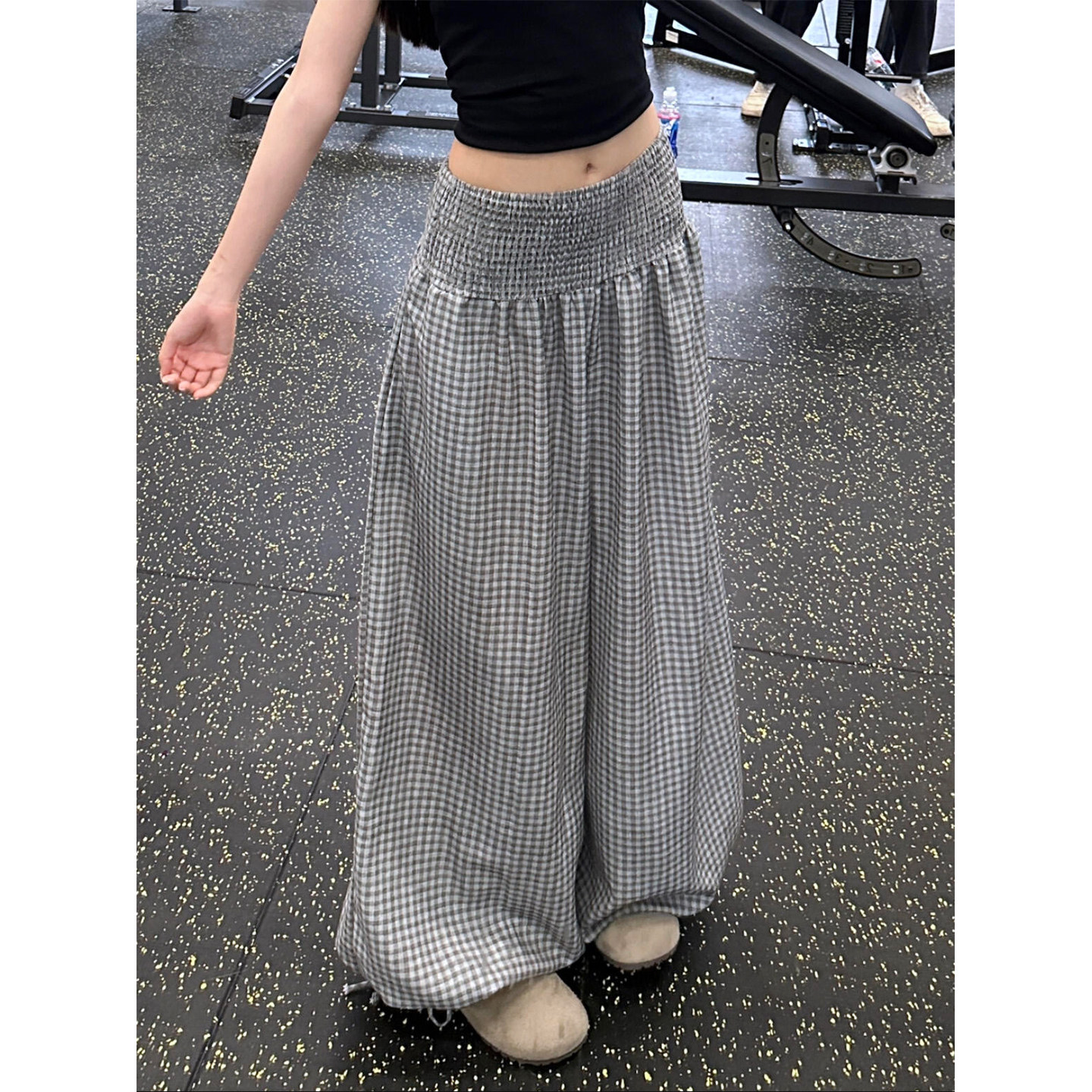 慵懒风灰色格子花苞裤女夏季新款高腰宽松束脚裤显瘦灯笼裤休闲裤图片