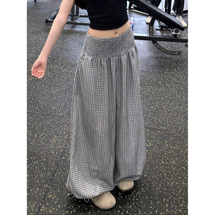 慵懒风灰色格子花苞裤女夏季新款高腰宽松束脚裤显瘦灯笼裤休闲裤