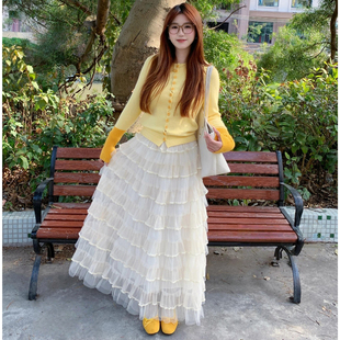 杏色温柔甜美网纱蓬蓬A字长裙2026年春季 半身裙白纱裙蛋糕裙 新款