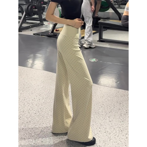 韩系杏色波点微弹休闲裤女2026夏季新款高腰显瘦垂感休闲喇叭裤子