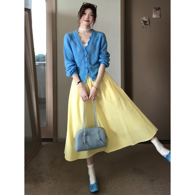 黄色半身裙女高腰休闲国风