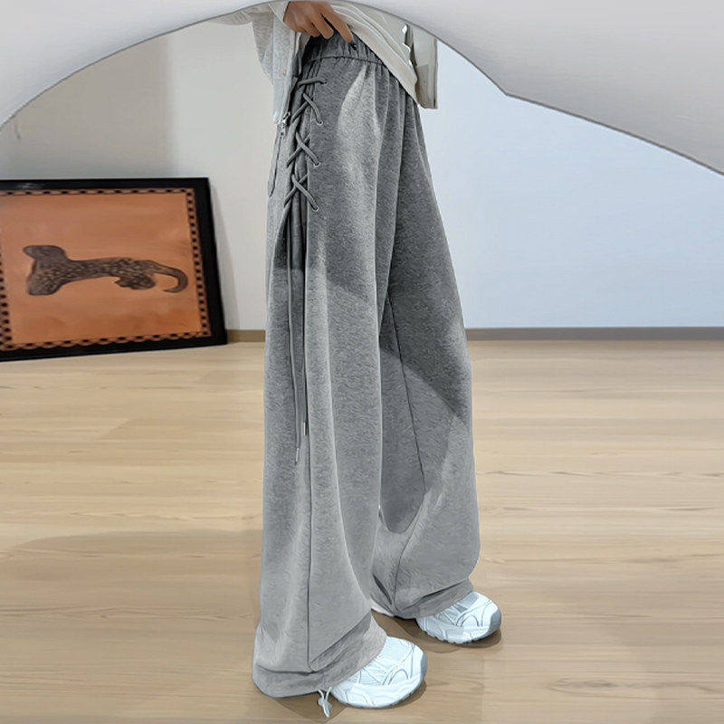 设计感绑带休闲运动裤女春季2026新款高腰宽松显瘦阔腿裤直筒卫裤