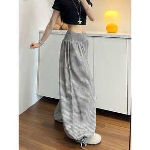 慵懒风灰色格子花苞裤女夏季2026新款高腰宽松束脚裤显瘦灯笼裤裤