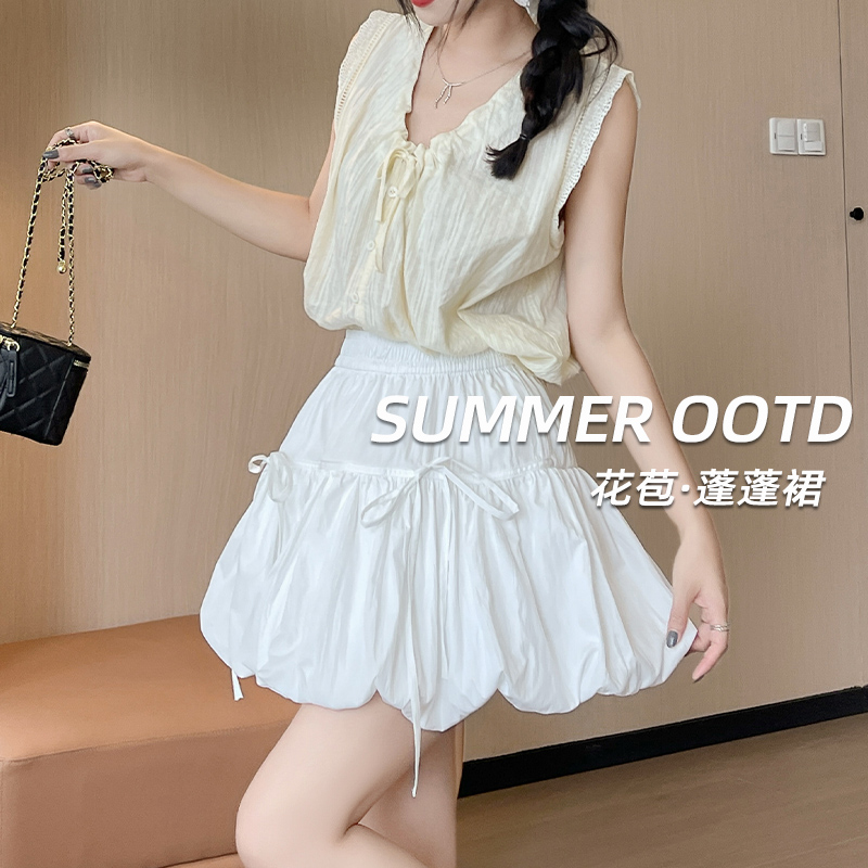 白色绑带花苞半身裙女超好看夏季
