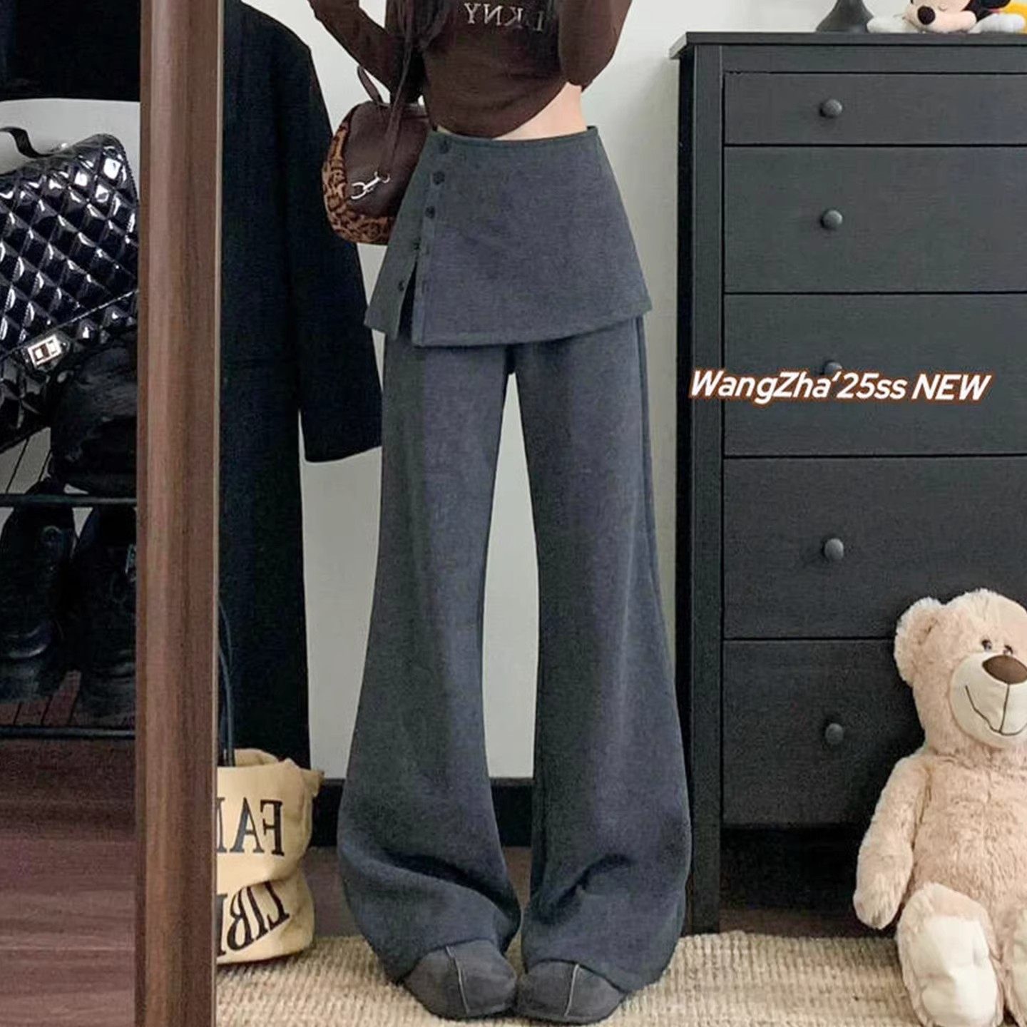 灰色纽扣开叉屁帘裤女秋冬季新款高腰遮胯显瘦直筒加绒毛呢阔腿裤,女装/女士精品,休闲裤,淘宝优惠券,粉丝福利购,淘宝优惠卷