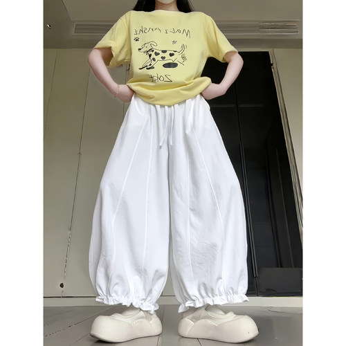 白色木耳边裤脚灯笼裤女2026夏季新款高腰显瘦薄款休闲九分阔腿裤