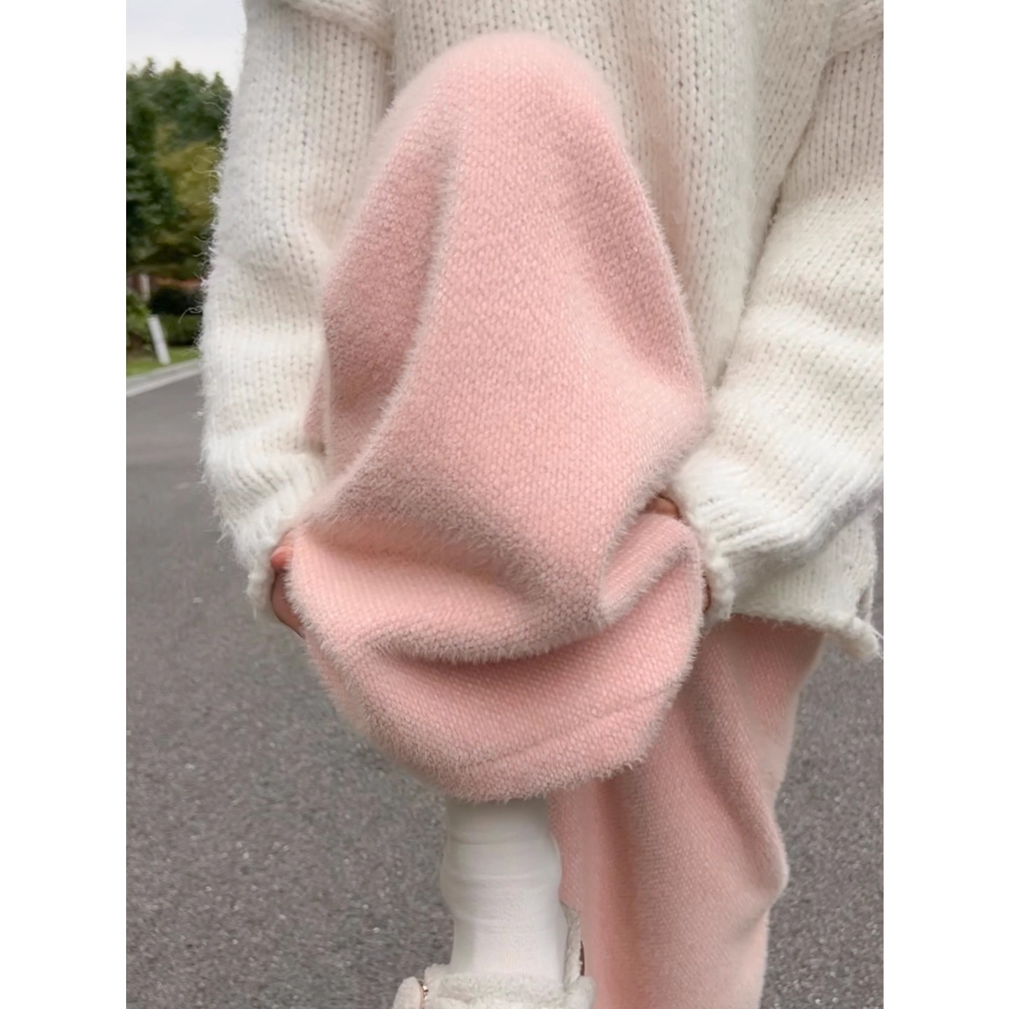 蓝色针织阔腿裤女糯米裤水貂绒冬