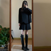 黑色学院风毛呢百褶中裙女秋冬2025新款 高腰A字百搭高级感半身裙