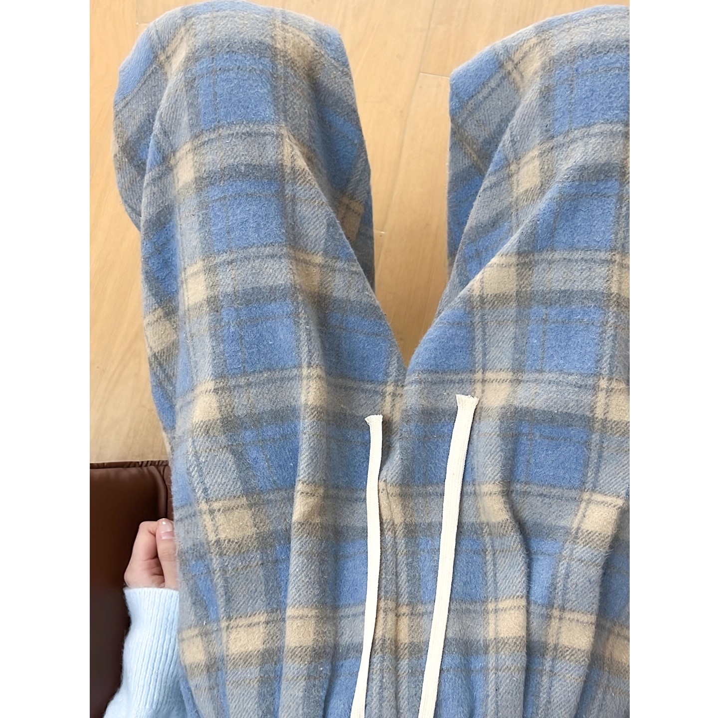 复古慵懒宽松毛呢加绒加厚格子裤