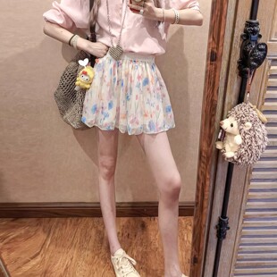 彩色冰丝花苞短裙女夏季新款高腰显瘦a字裙法式碎花蓬蓬半身裙裤