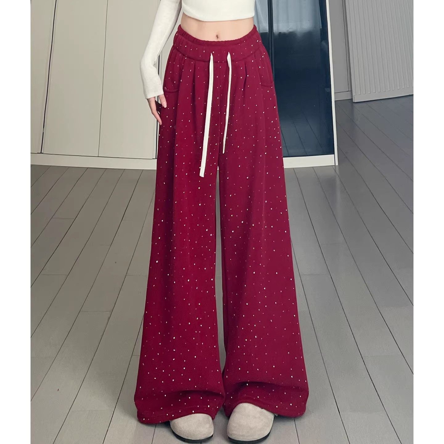 红色满天星糯米阔腿裤女2026年新款高腰抽绳垂感弯刀裤显瘦休闲裤,女装/女士精品,休闲裤,淘宝优惠券,粉丝福利购,淘宝优惠卷