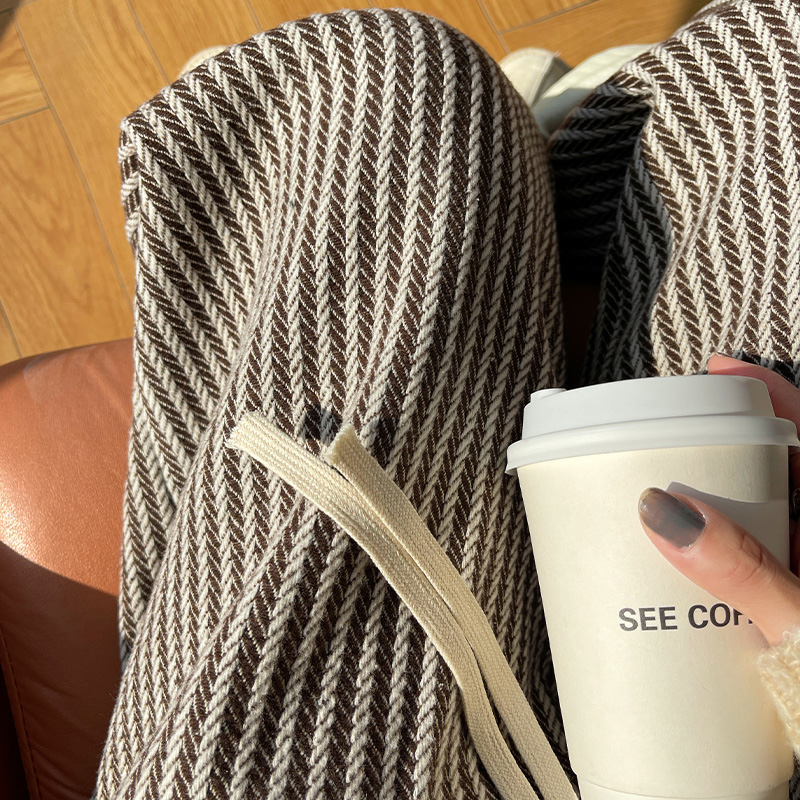 竖条纹毛呢阔腿裤女加绒垂感慵