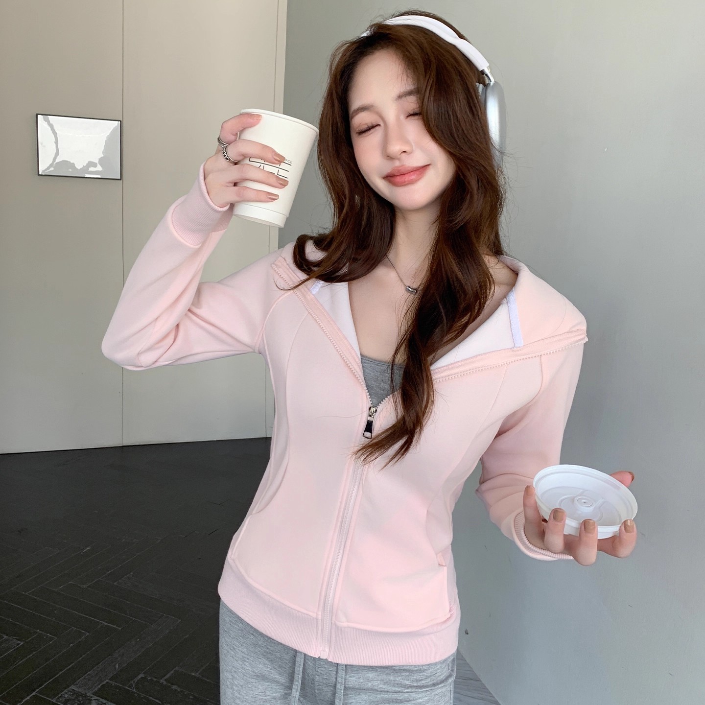 灰色休闲风连帽卫衣女秋季2025新款薄款宽松拉链开衫显白外套蓝色