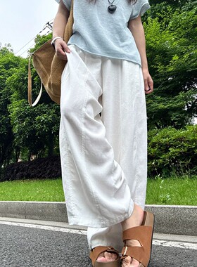 白色慵懒风棉麻弯刀裤女夏季2026新款宽松显瘦休闲裤松弛风阔腿裤