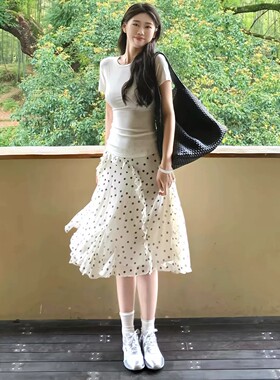 韩版白色不规则波点半身裙子女夏季新款显瘦荷叶边设计感休闲中裙