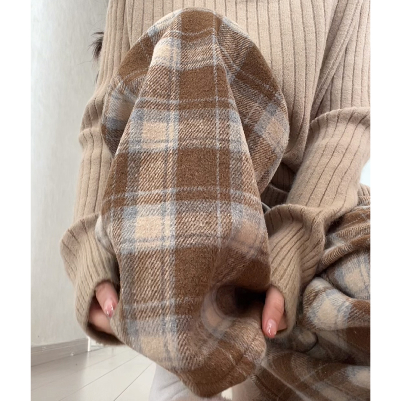 咖色毛呢格子加绒阔腿裤春季直筒