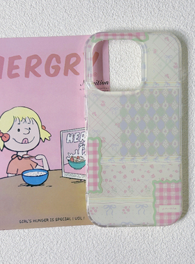 【IMD双层】绿格纹拼接碎花适用苹果16手机壳iPhone15promax新款16Pro全包个性14防摔Por保护套13小众可爱ins