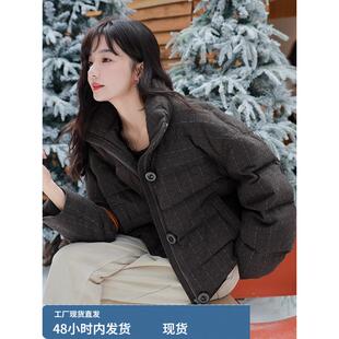 灰色条纹短款羽绒服女冬季厚外套韩系超火独特巨好看小个子白鸭绒