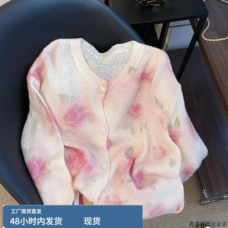 2025大码套头设计感时尚毛衣浪漫玫瑰花朵马海毛圆领针织开衫早秋