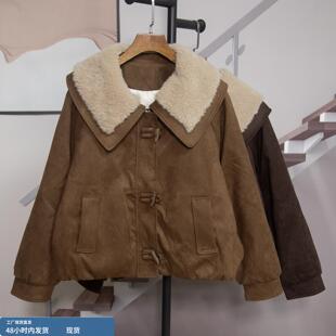 夹克百搭外套潮2593 新款 韩版 仿羊羔毛领麂皮鸭绒羽绒服女2025冬季
