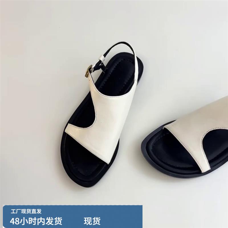 羊皮版~时尚小众设计后绊带凉鞋女夏季舒适休闲圆头露趾平底凉鞋