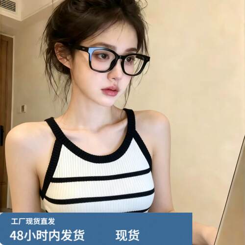 自留款推荐~撞色条纹针织挂脖背心女夏季新款辣妹风百搭无袖上衣