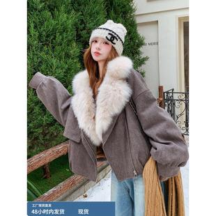 韩系咖色大毛领羽绒服外套女冬季短款加厚羽绒内胆工装派克服夹克