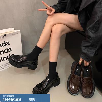 英伦复古风单鞋小皮鞋高级感厚底乐福鞋豆豆鞋早秋黑色百搭女鞋子