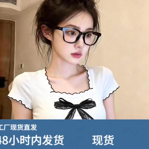 自留款推荐~蕾丝拼接蝴蝶印花短袖T恤女夏季新款甜美小众减龄上衣