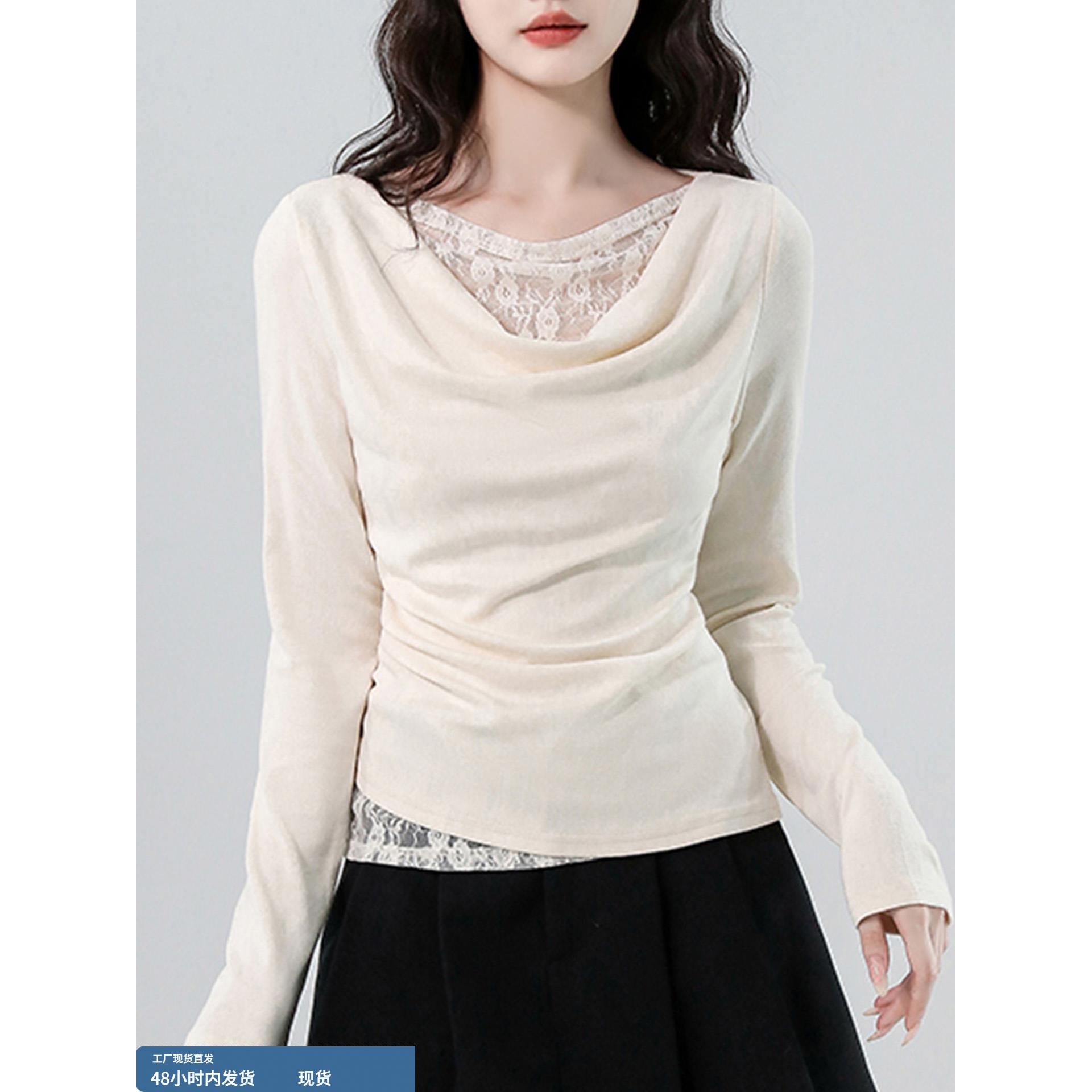 荡领假两件长袖打底衫女秋冬2025新款高级感镂空蕾丝内搭上衣洋气