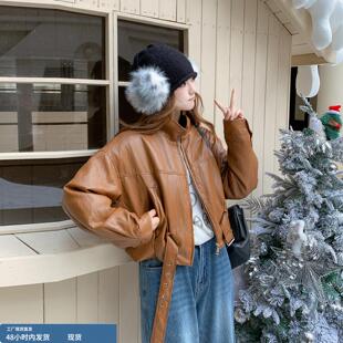 美式巴恩风皮衣羽绒服女冬季2025新款90白鸭绒巨保暖皮夹克机车服