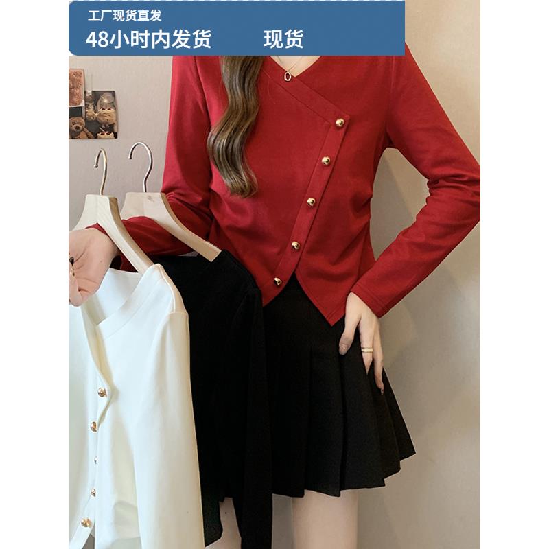 大码女装2025新款早秋chic别致上衣韩系法式不规则下摆针织t恤女