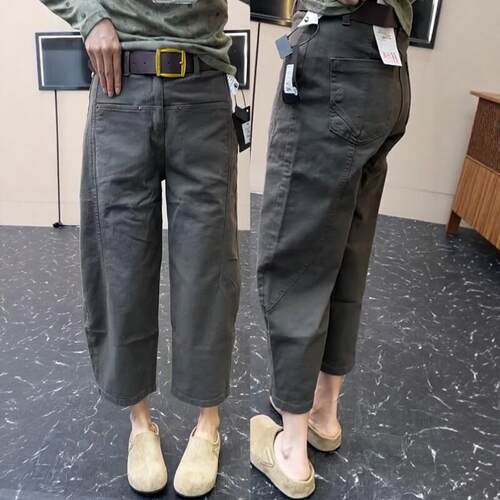 梨型身材秋季新款哈伦老爹牛仔裤女大尺码胖mm小个子显瘦直筒弯刀