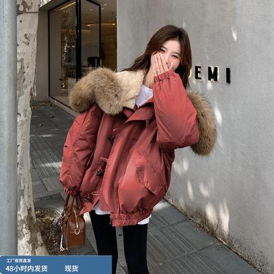 红色连帽毛领派克羽绒服女冬季短款加厚牛角扣工装派克服羽绒外套