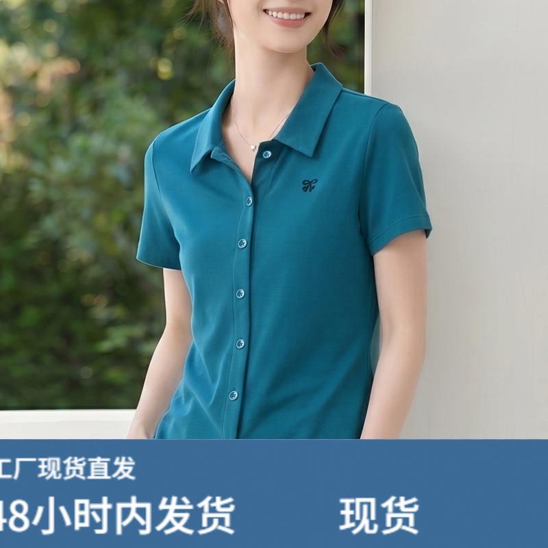 2026夏季新款蓝色翻领正肩短袖t恤女蝴蝶结刺绣纽扣上衣衬衫体恤