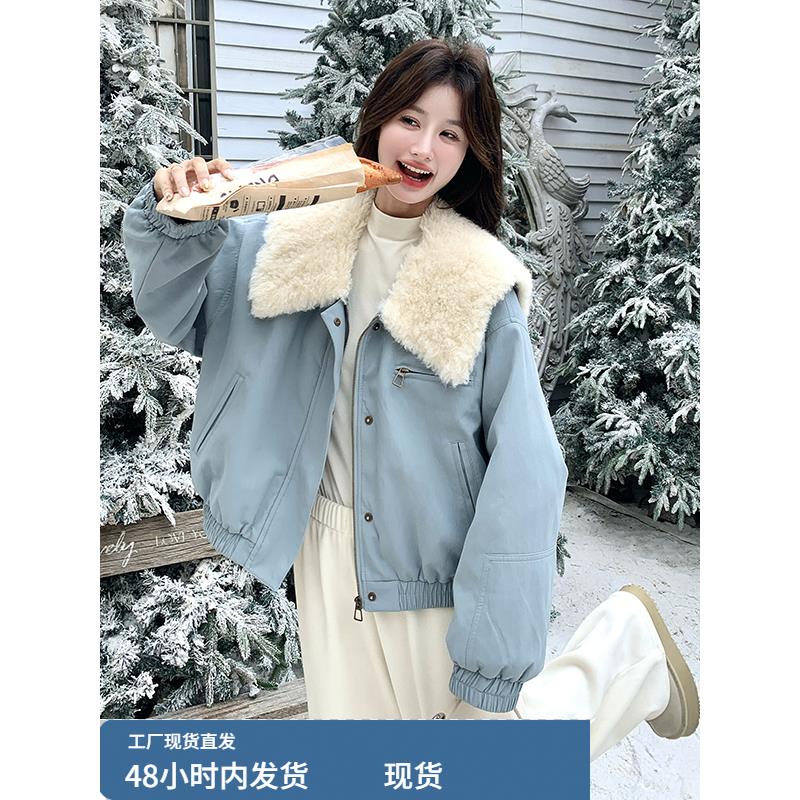 蓝色大翻领羽绒服女2025年冬季新款时尚保暖小个子减龄白鸭绒外套