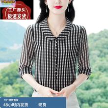 娃娃领上衣女轻奢高级感遮肚子格子衬衫女款中袖上衣女五分袖高端