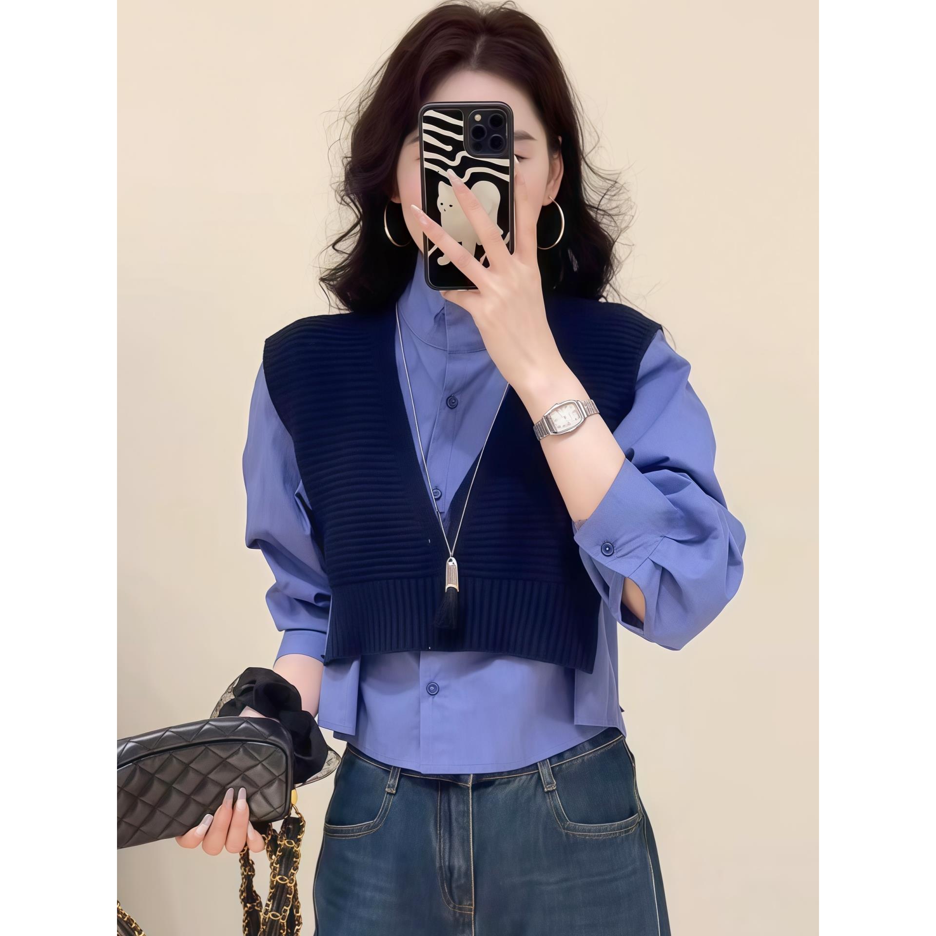 秋季穿搭披肩两件套立领衬衫衬衣女款2025新款爆款法式小资小上衣